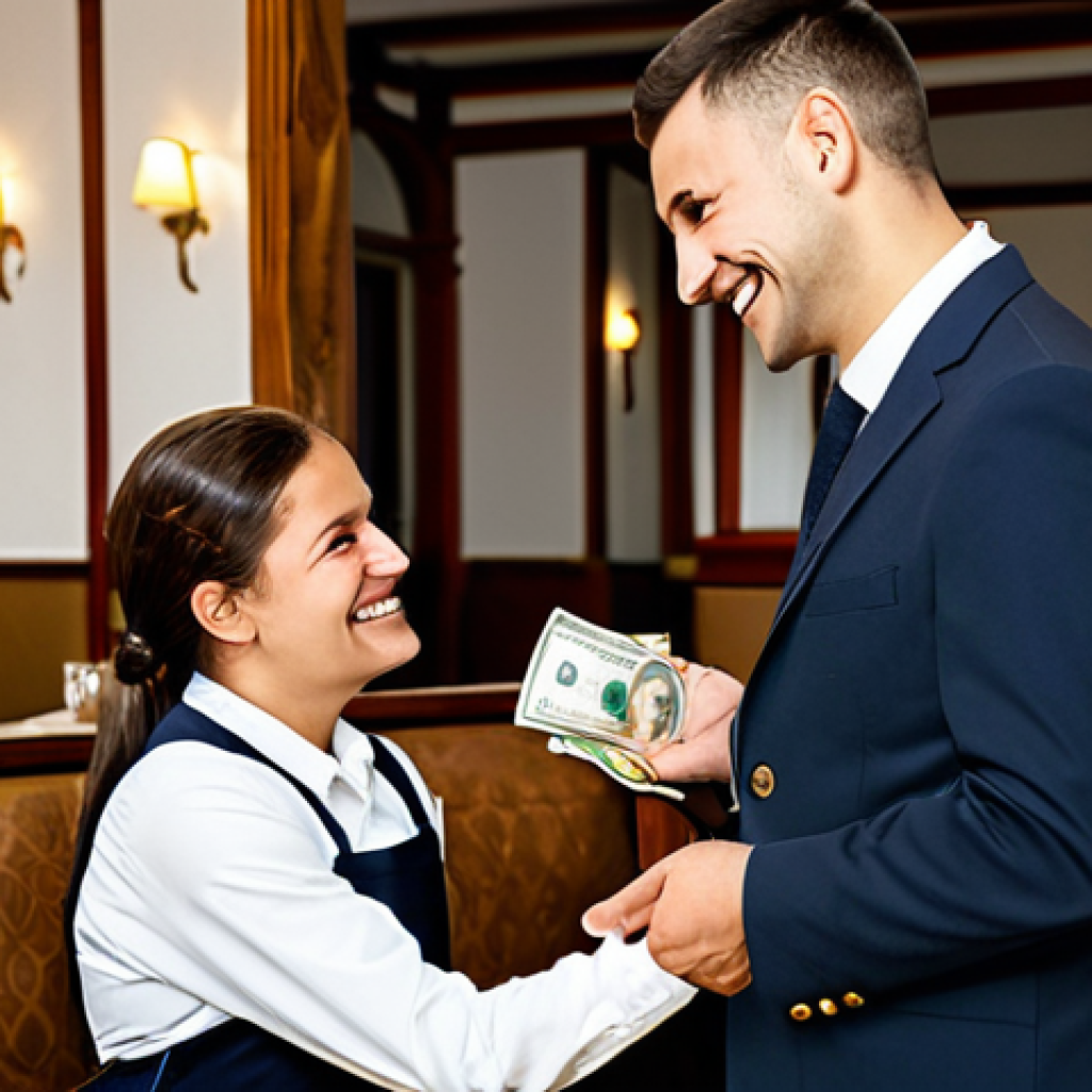 A professional male server in a clean, modest uniform is politely accepting a cash tip from a female customer in appropriate, professional attire at a traditional Serbian restaurant. The customer exhibits a genuine, appreciative smile, acknowledging the excellent service. The restaurant's interior is warm, inviting, and well-lit, featuring authentic traditional decor. The image focuses on the respectful interaction and the simple exchange of a small amount of currency. safe for work, appropriate content, fully clothed, professional, perfect anatomy, correct proportions, natural pose, well-formed hands, proper finger count, natural body proportions, professional photography, high quality.