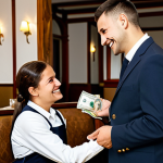 A professional male server in a clean, modest uniform is politely accepting a cash tip from a female customer in appropriate, professional attire at a traditional Serbian restaurant. The customer exhibits a genuine, appreciative smile, acknowledging the excellent service. The restaurant's interior is warm, inviting, and well-lit, featuring authentic traditional decor. The image focuses on the respectful interaction and the simple exchange of a small amount of currency. safe for work, appropriate content, fully clothed, professional, perfect anatomy, correct proportions, natural pose, well-formed hands, proper finger count, natural body proportions, professional photography, high quality.
