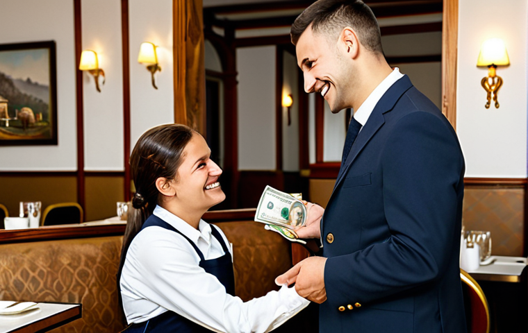 A professional male server in a clean, modest uniform is politely accepting a cash tip from a female customer in appropriate, professional attire at a traditional Serbian restaurant. The customer exhibits a genuine, appreciative smile, acknowledging the excellent service. The restaurant's interior is warm, inviting, and well-lit, featuring authentic traditional decor. The image focuses on the respectful interaction and the simple exchange of a small amount of currency. safe for work, appropriate content, fully clothed, professional, perfect anatomy, correct proportions, natural pose, well-formed hands, proper finger count, natural body proportions, professional photography, high quality.
